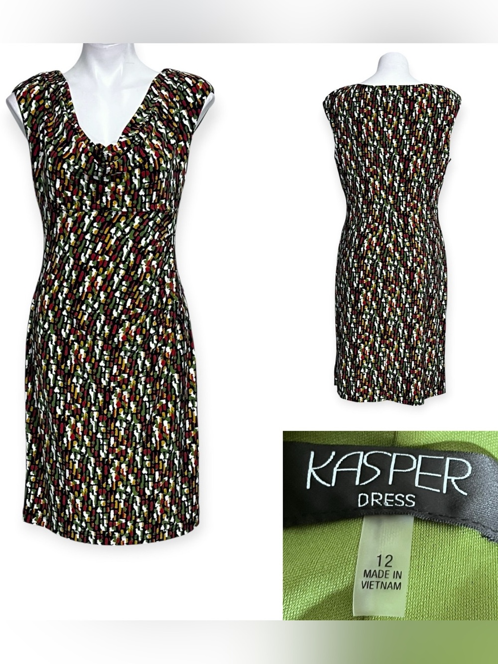 Kasper dress sz 12 V-Neck Cap Sleeve Green multicolor stretch office church fall